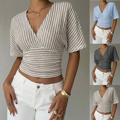 v领条纹蝙蝠袖女士上衣V-neck striped batball sleevewomen'stop