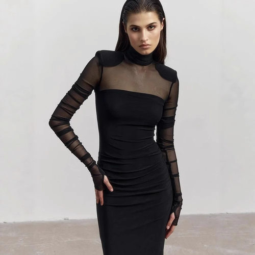 High neck waist cinching sexy dress高领长袖性感修身连衣裙女