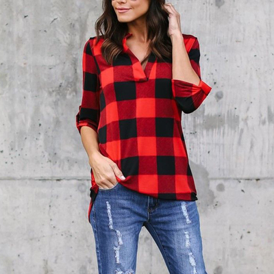 印花V领长袖宽松女衬衫