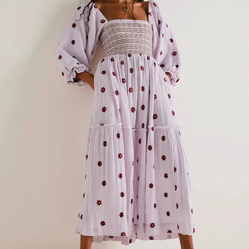 Printed square neckline sunflower dress印花方领太阳花连衣裙