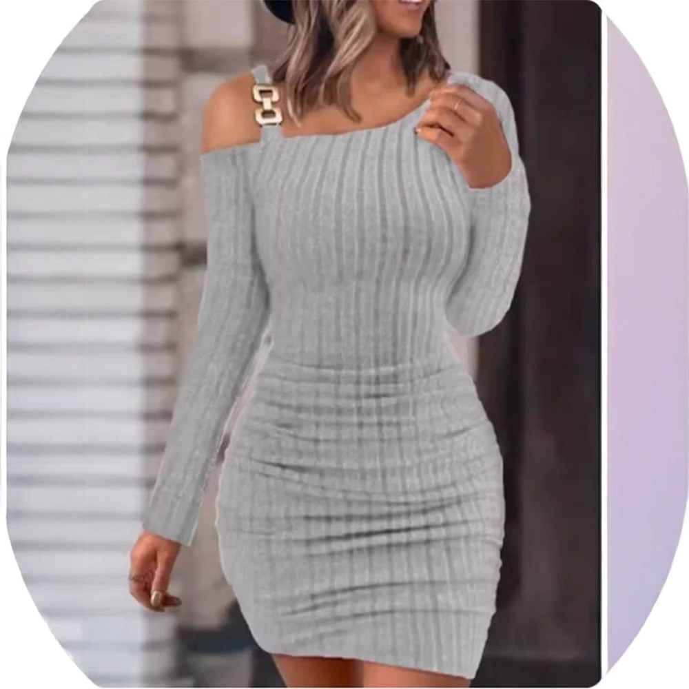 Slanted collar long sleeved dress 女士纯色斜领长袖包臀连衣裙