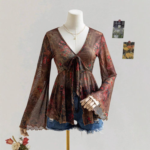 V领系带收腰女士上衣V-neck lace up waist cinched women's top