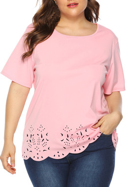 Hollow wave edge casual round neck short sleeve T-shirt top