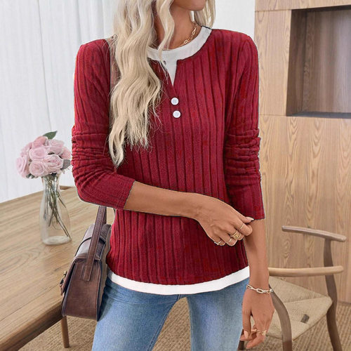 圆领拼接长袖上衣女Round neck patchworklongsleevedtopforwomen