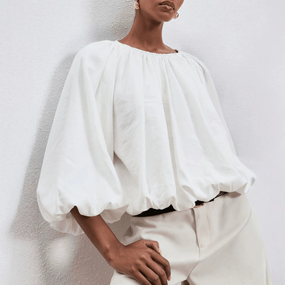 Round neck lantern long sleeved top forwomen圆领灯笼长袖上衣
