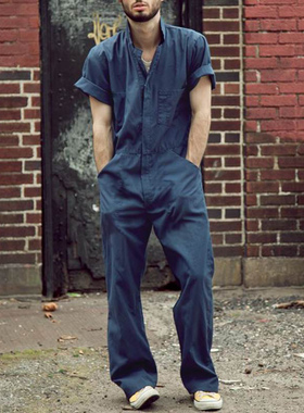 Solid colorLoose zipper lapel overalls纯色宽松拉链工装连体裤