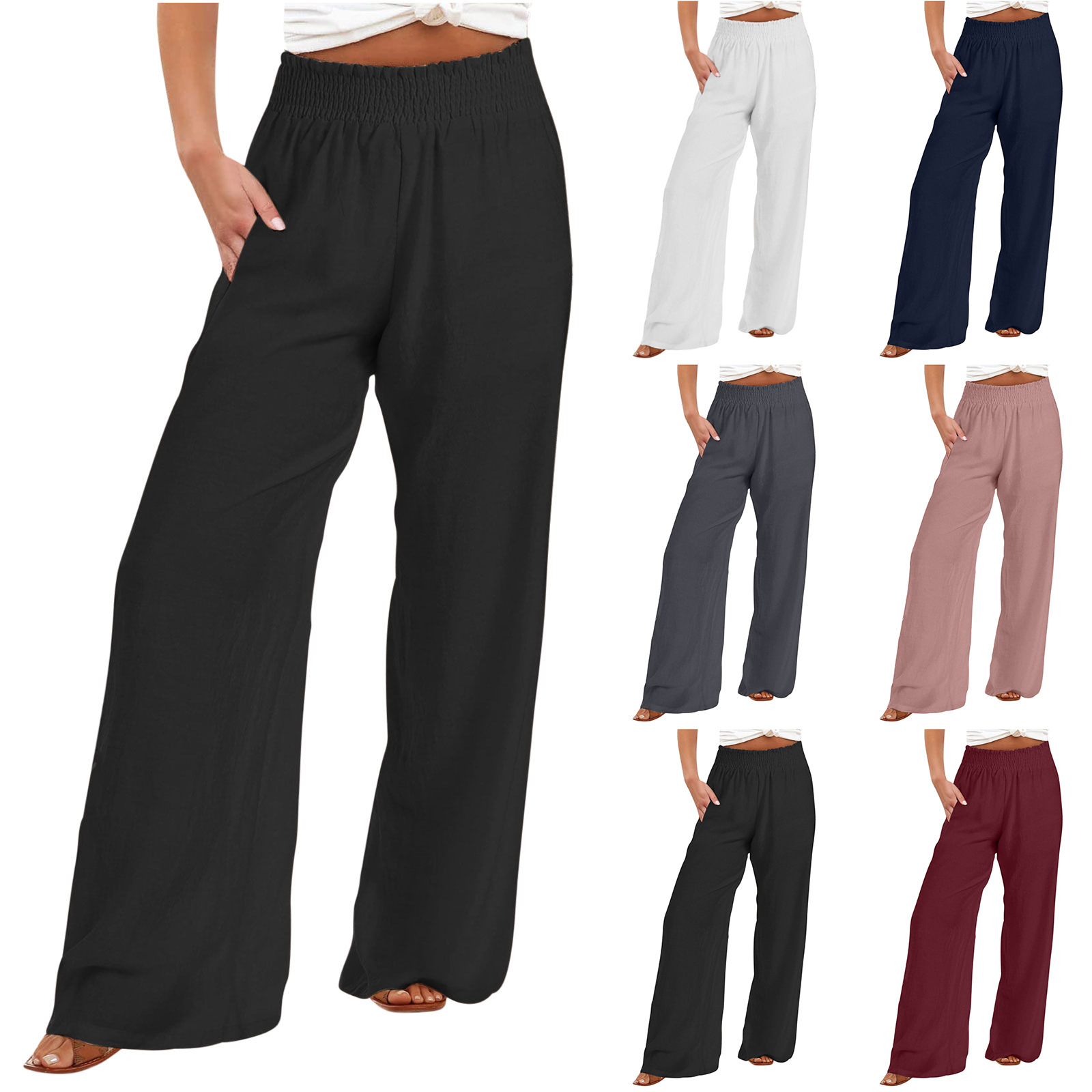 High waisted casual straight leg pants女士橡筋高腰休闲直筒裤