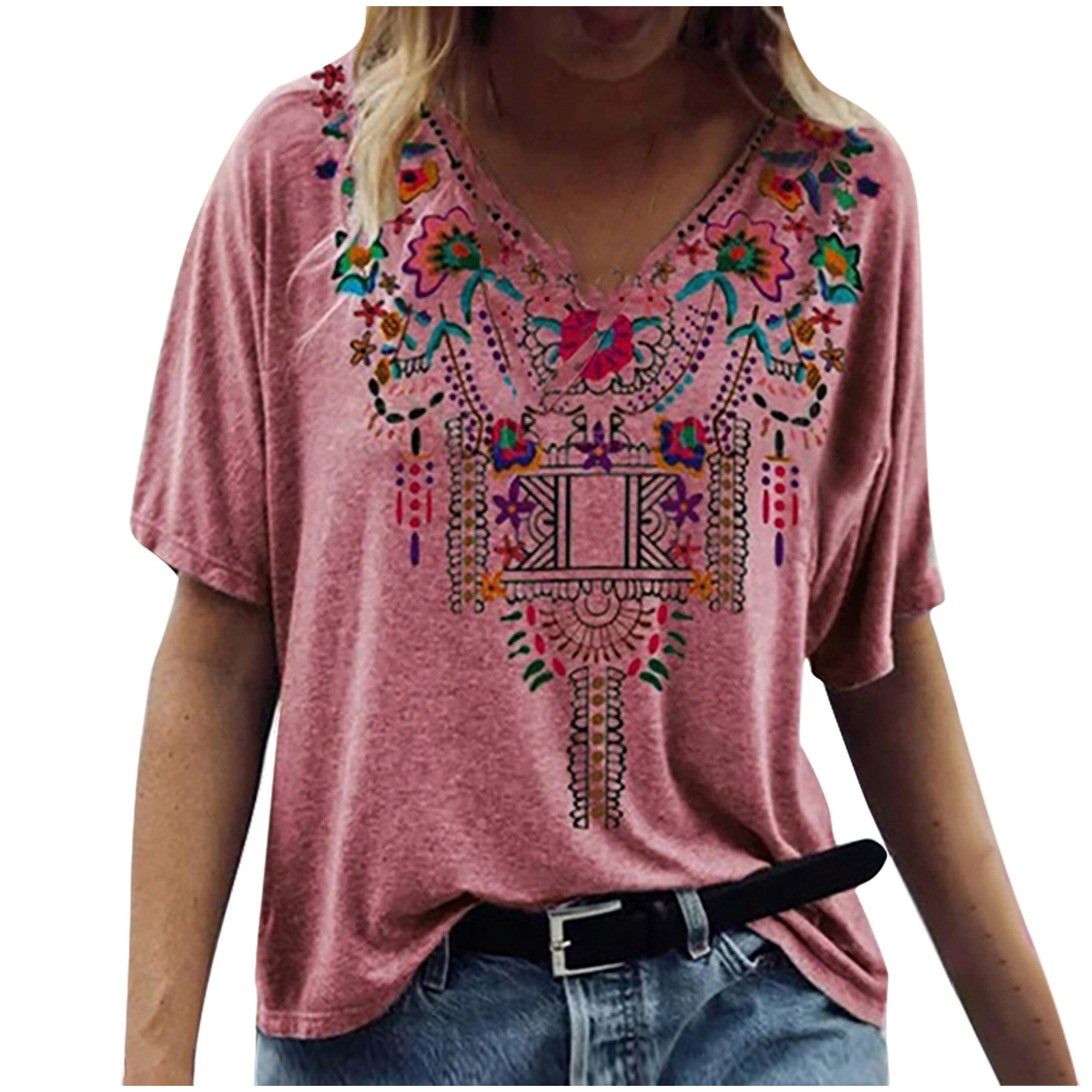 印花民族风V领短袖T恤女