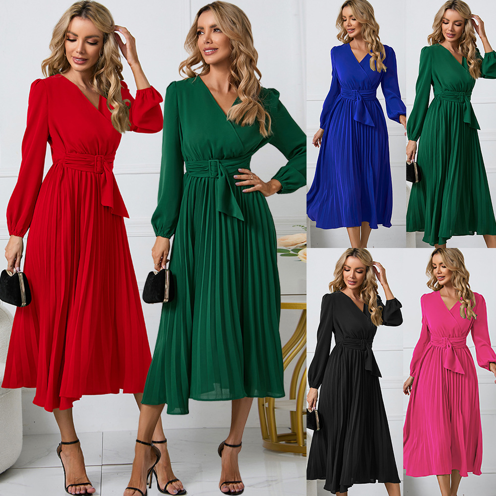 Slimming pleated waistband V-neck dress修身百褶腰带V领连衣裙