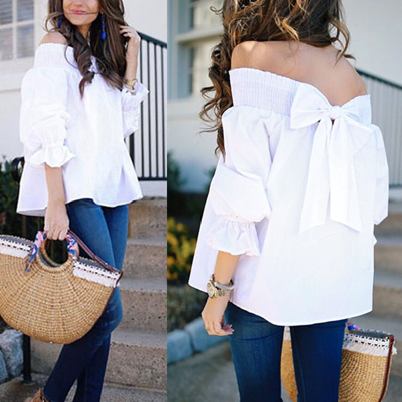 Casual Loose Loose Cuff Line Neck Shirt Top休闲女一字领衬衫