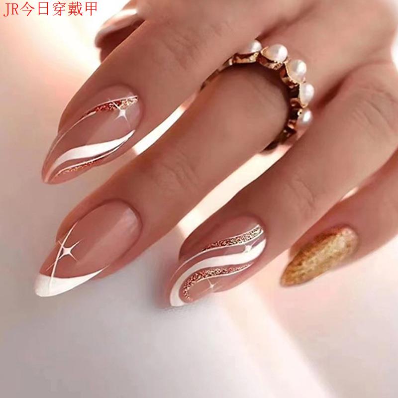 欧美杏仁甲搭配法式波纹闪粉图案ins风甜美时尚显白假指甲穿戴甲