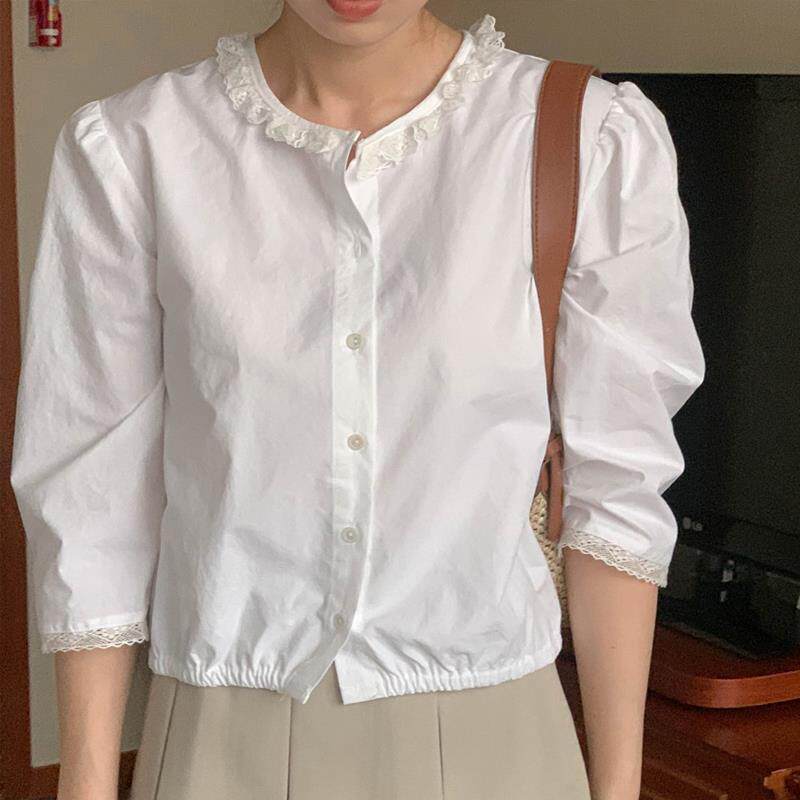 清新甜美七分袖白色衬衫女chi衬衫