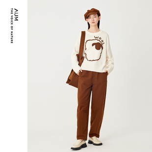 AUM噢姆冬季 女 棕色斜纹灯芯绒茧型休闲宽松直筒长裤