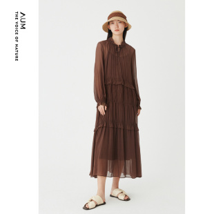 AUM噢姆秋季 气质连衣裙长裙 浪漫褶皱棕色长袖