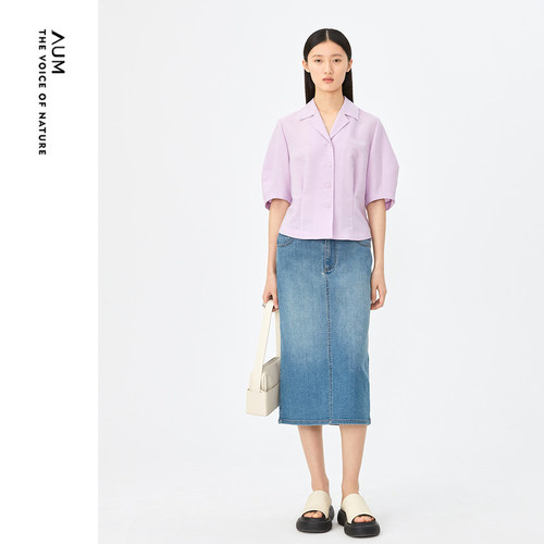 AUM噢姆夏季淡紫色职场通勤灯笼袖衬衫上衣女