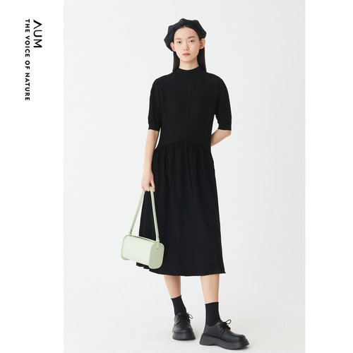 AUM噢姆黑色修身针织裙女气质中长连衣裙