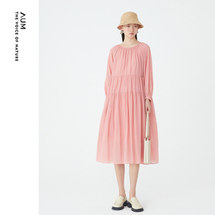 粉红色醋纤宽松圆领娃娃裙休闲连衣裙女 AUM噢姆秋季 花海系列