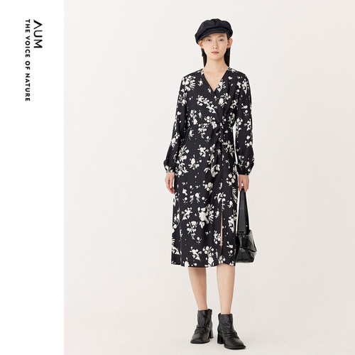 【FaFa裙】AUM噢姆花卉印花灯笼袖法式V领桑蚕丝连衣裙