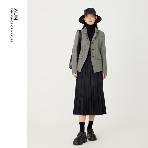 AUM噢姆时尚灰色千鸟格绉感金属丝西装外套女