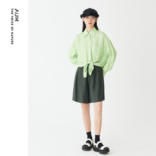 军绿色宽松高腰阔腿休闲五分裤 AUM噢姆秋季 短裤 会员价527元