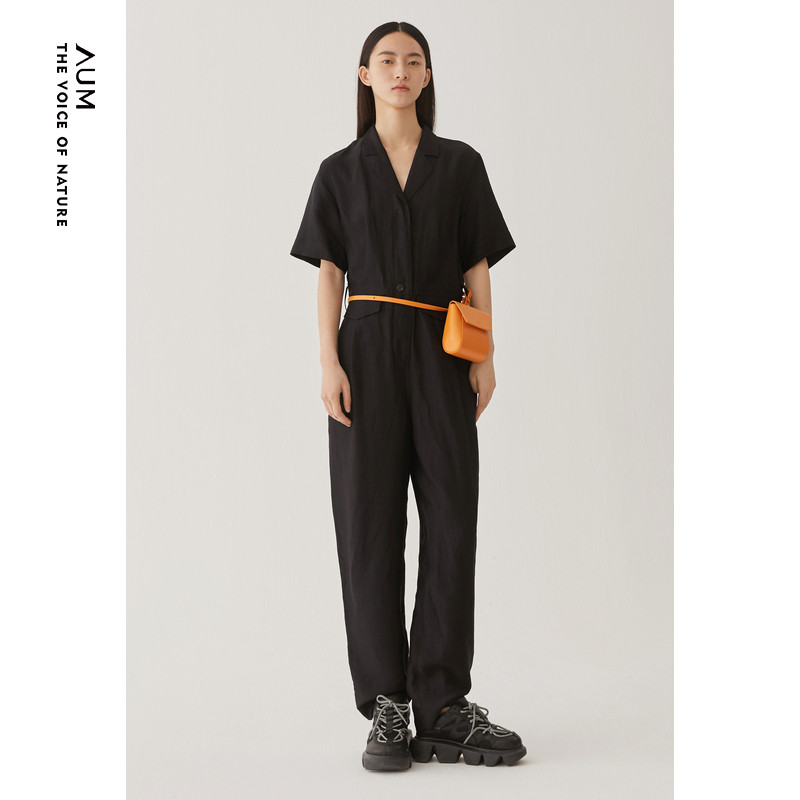 AUM噢姆夏季复古摩登职场女装质感黑色休闲连衣裤