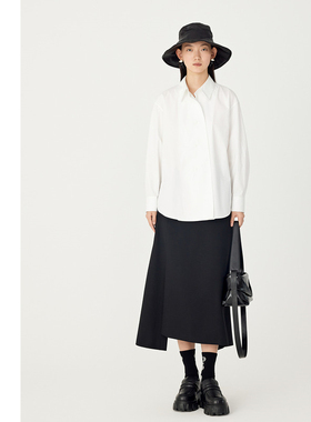 AUM噢姆冬季简约棉感休闲廓形百搭长袖白色衬衫上衣