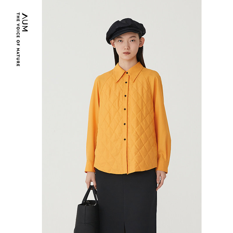 AUM噢姆橙黄色休闲保暖上衣优雅棋盘格棉服