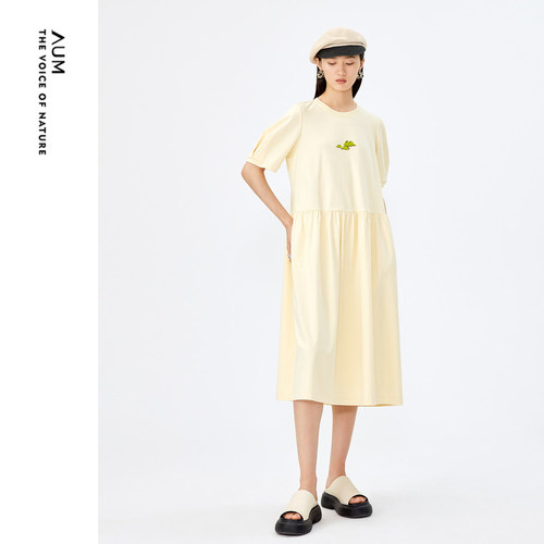 AUM噢姆夏季连衣裙淡黄色圆领短袖t恤裙子女