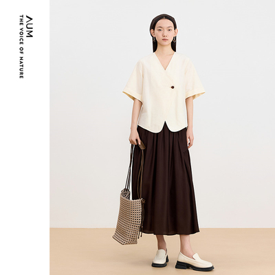 AUM噢姆夏季宽松V领搭片新中式外套短袖衬衫上衣女款