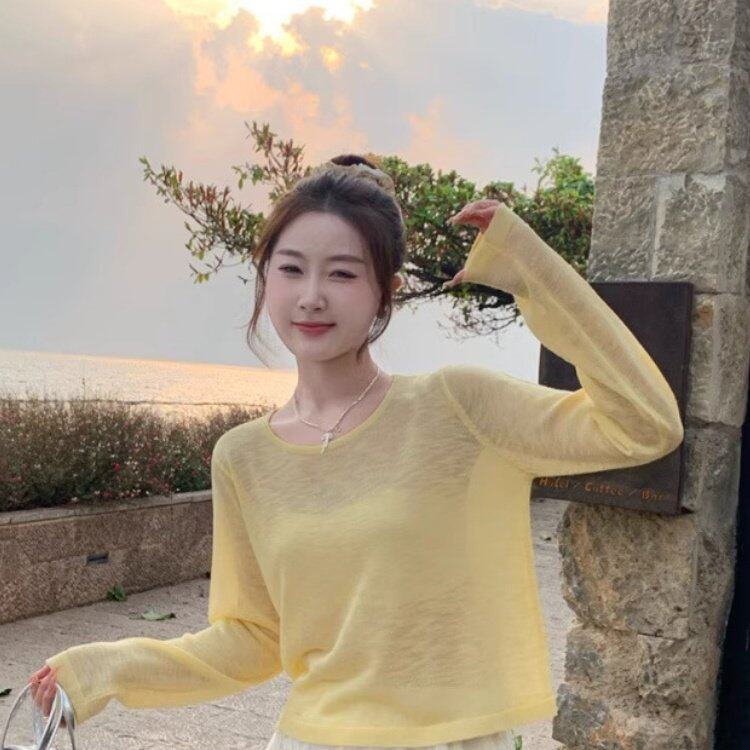 夏日轻薄罩衫初夏防晒长袖女配吊带新款t恤短款针织上衣
