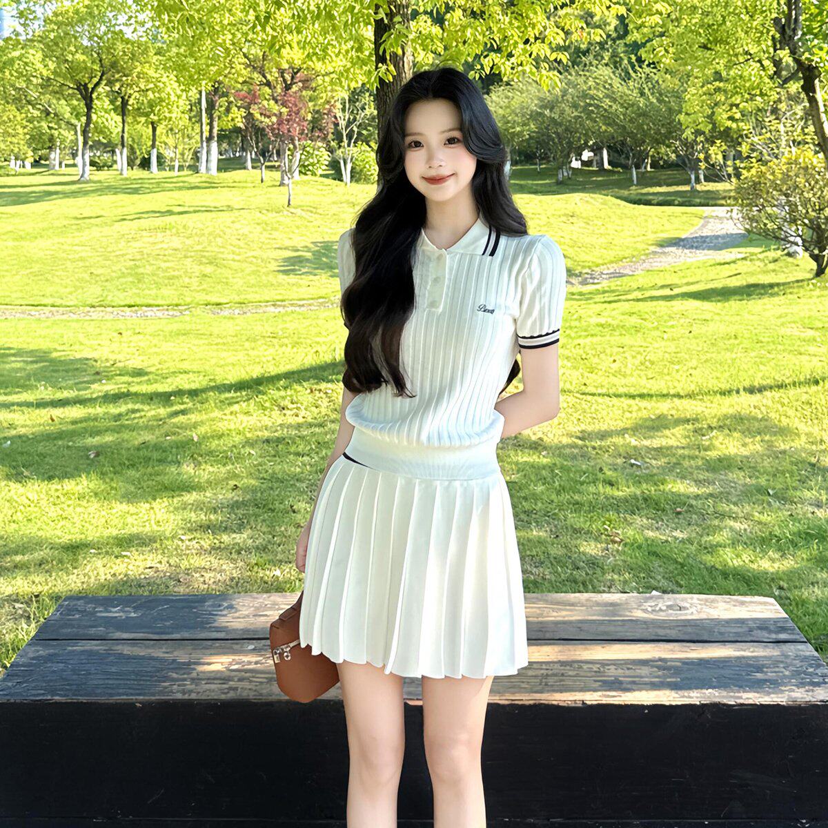 简约刺绣polo领针织短袖t恤女夏季新款学院风休闲两件套