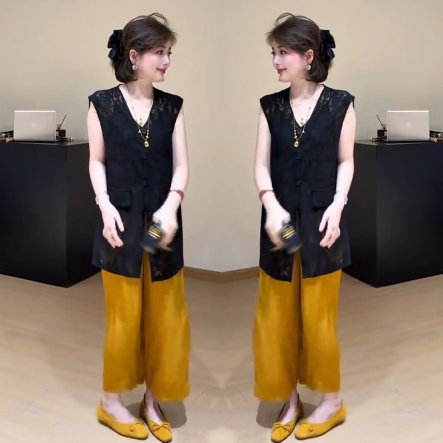 网红爆款时尚套装女2025夏季新款洋气蕾丝镂空马甲+阔腿裤两件套