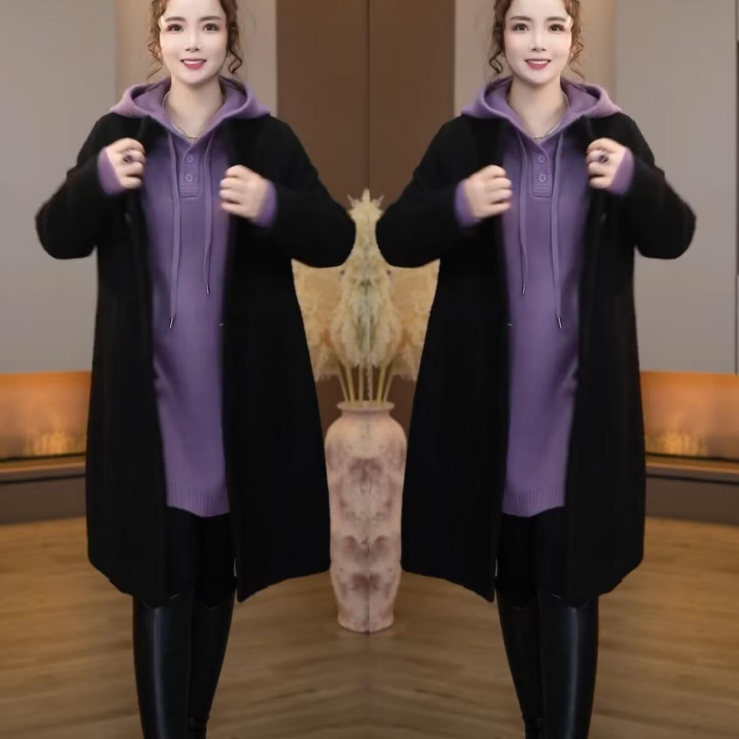 高级时尚两件套装女2025新款简约中长款宽松中长款外套连帽连衣裙