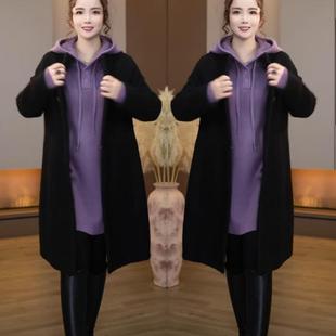 宽松中长款 高级时尚 简约中长款 女2025新款 外套连帽连衣裙 两件套装