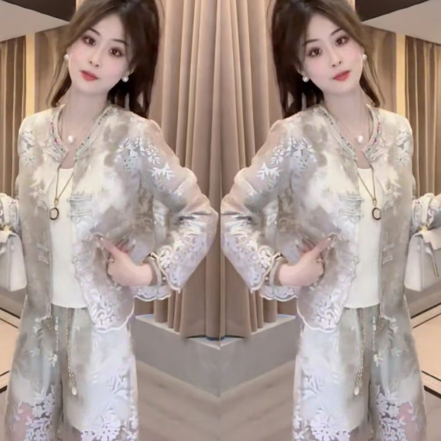 新中式国风套装女2025春夏新款气质显瘦微透印花盘扣上衣+阔腿裤
