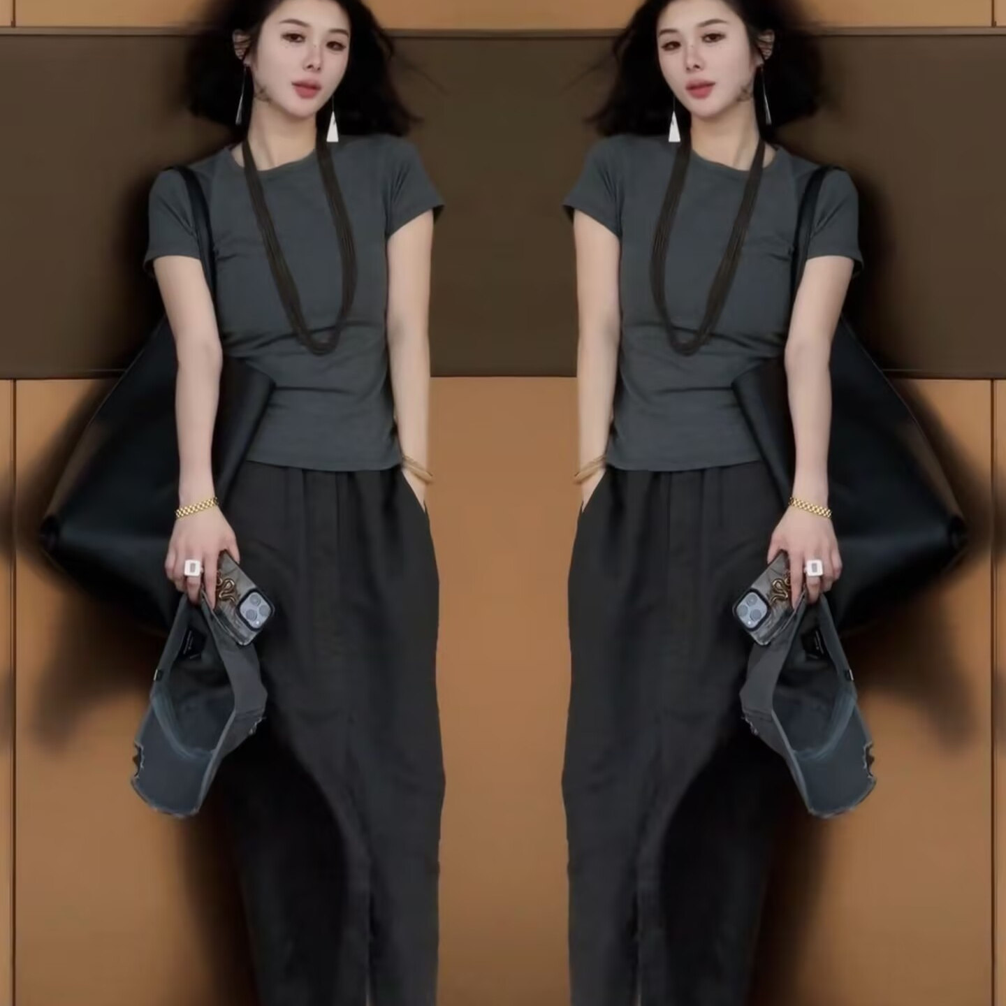 高级感时尚套装女2025夏季新款简约纯色修身T恤+时尚宽松半身裙潮