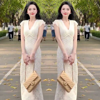 无袖v领收腰显瘦镂空鱼尾长裙