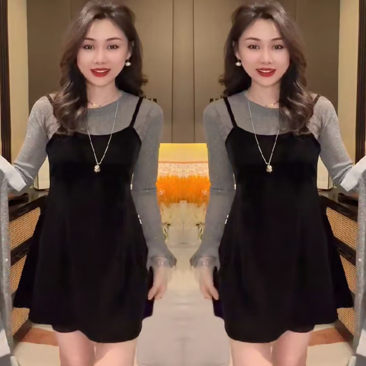 黑色吊带连衣裙打底衫两件套