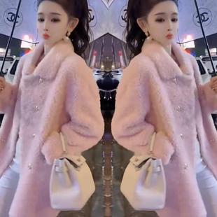 高级感粉色仿皮毛一体女2025秋冬新款洋气减龄中长款加厚保暖外套