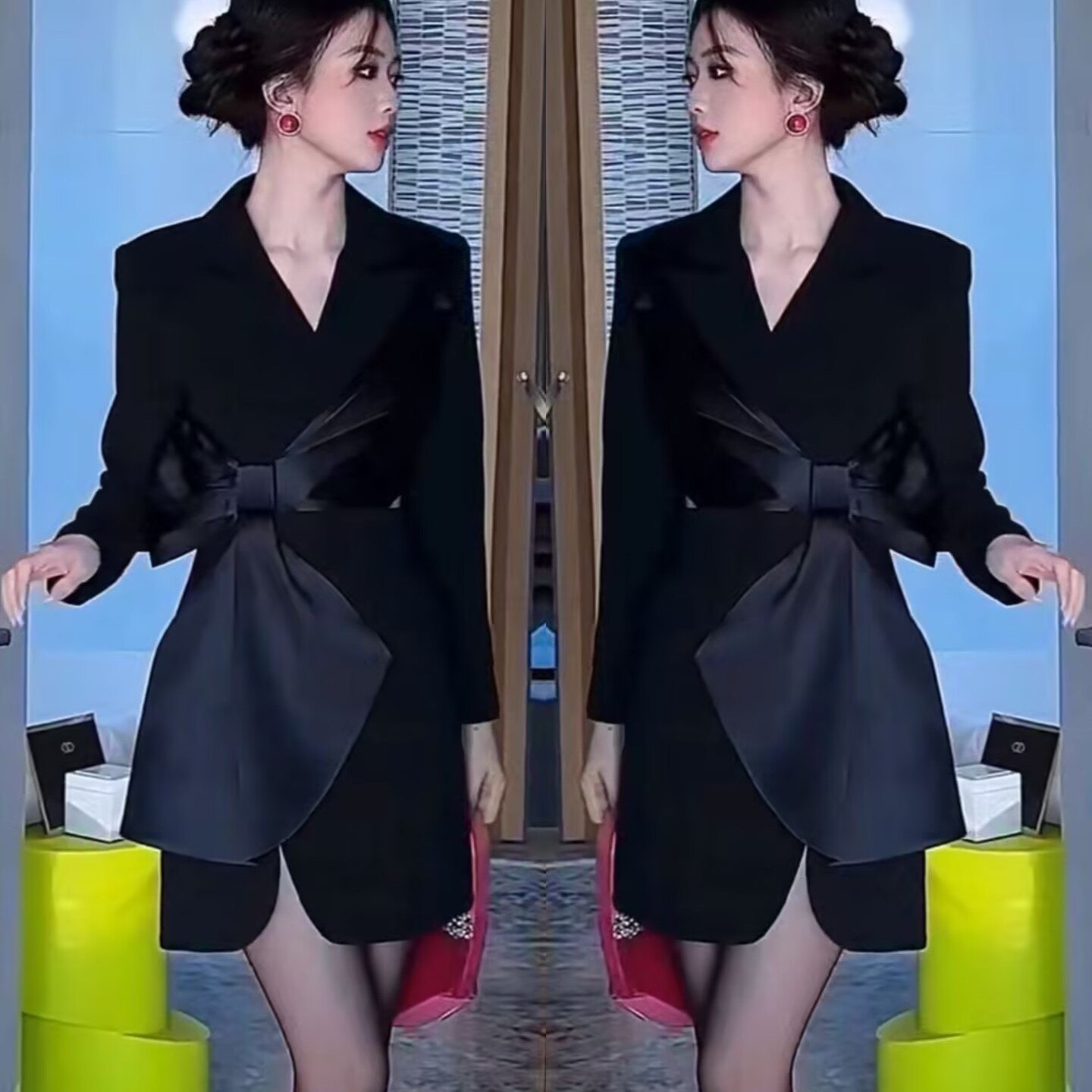 高级感时尚连衣裙女2025秋冬新款气质设计感蝴蝶结修身显瘦西装裙