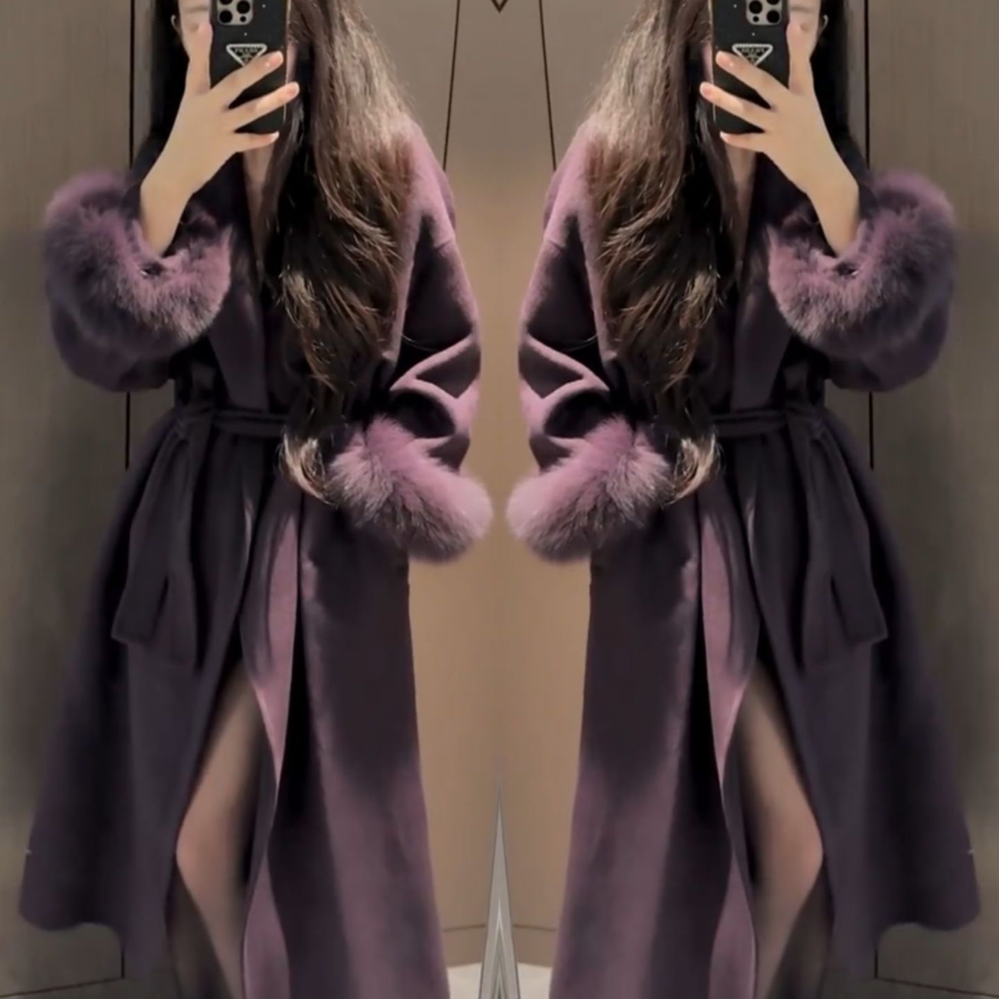 轻奢紫色系带收腰显瘦中长款大衣