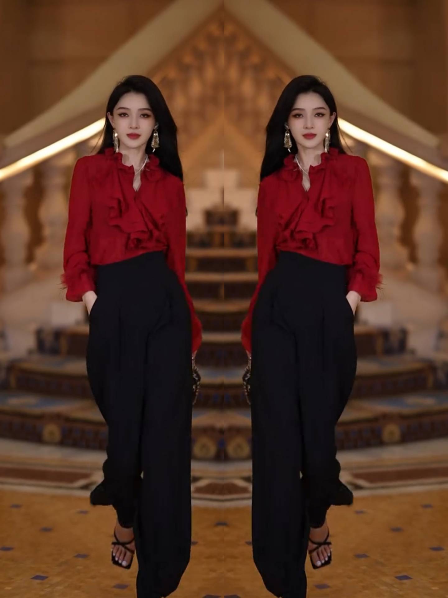 2024早秋新款穿搭两件套女轻奢高级感木耳边显瘦衬衫上衣+阔腿裤