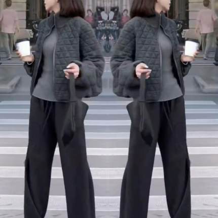 网红爆款时尚套装女2024秋冬新款气质宽松显瘦加棉外套休闲直筒裤