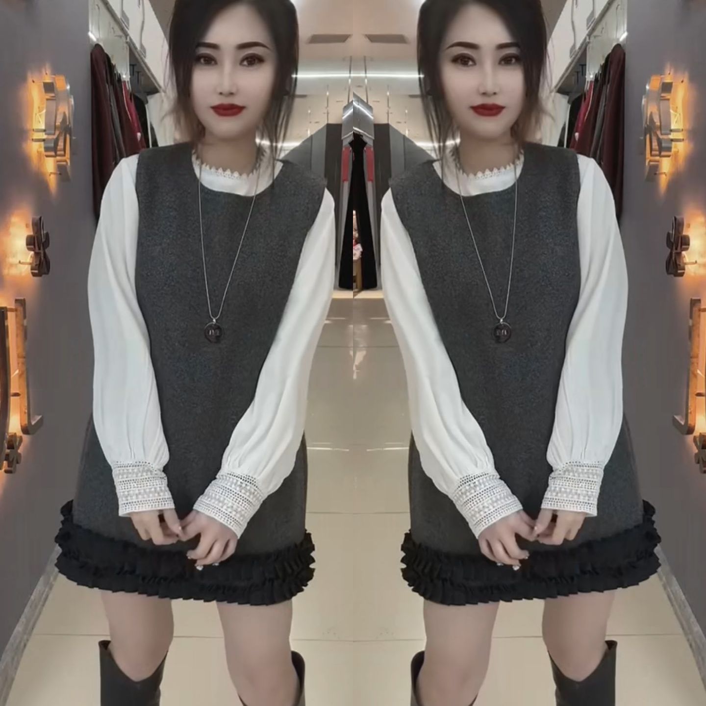 花边灯笼袖衬衫+马甲裙套装