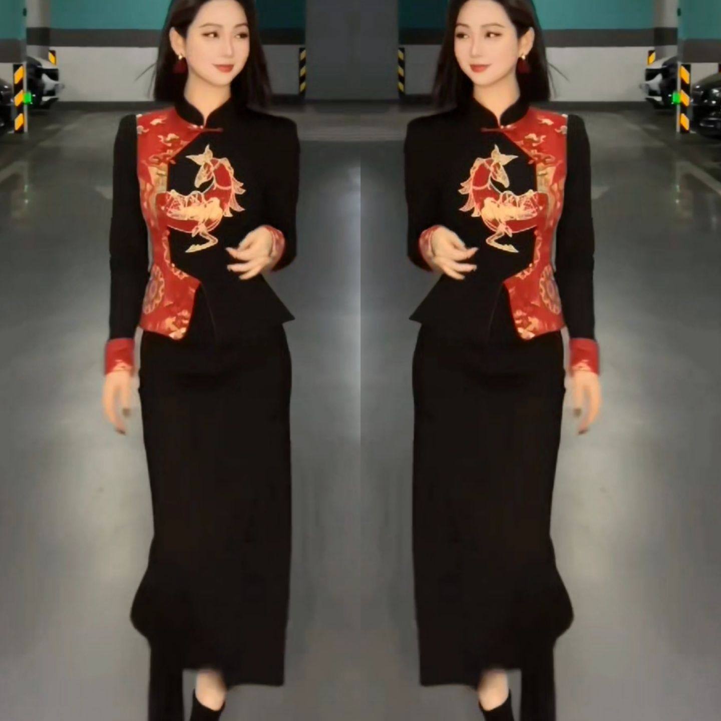 新中式立领刺绣套装女2026春季新款新年战袍盘扣外套半身裙两件套