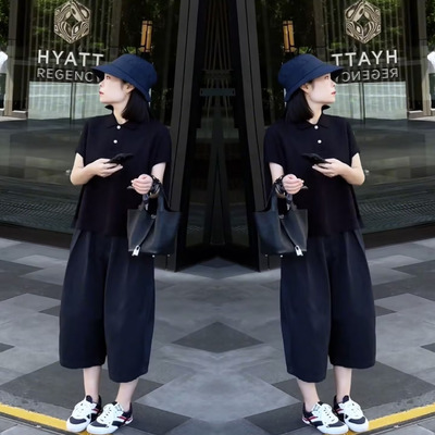 减龄显瘦短袖上衣阔腿裤两件套