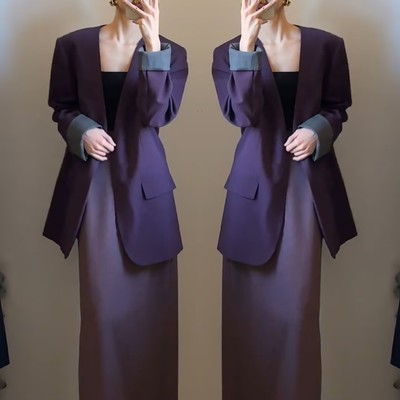 职业休闲紫色西装外套套装裙