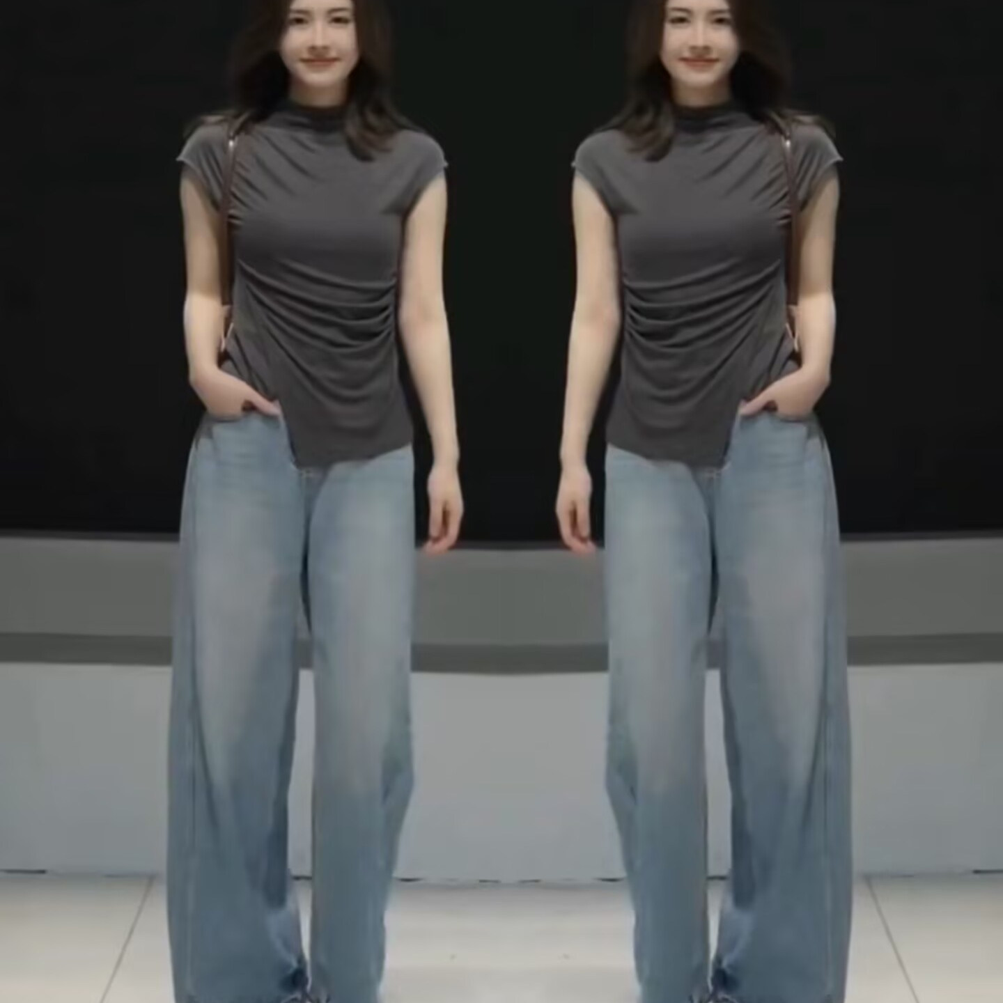 高级感时尚套装女2025春秋新款显瘦不规则短袖上衣高腰牛仔阔腿裤