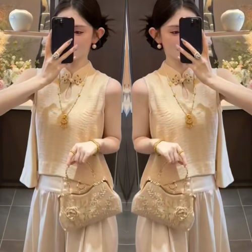 复古盘扣短袖上衣+高腰阔腿裤