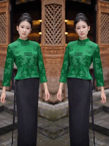 傣族立领盘扣八分袖上衣半身裙